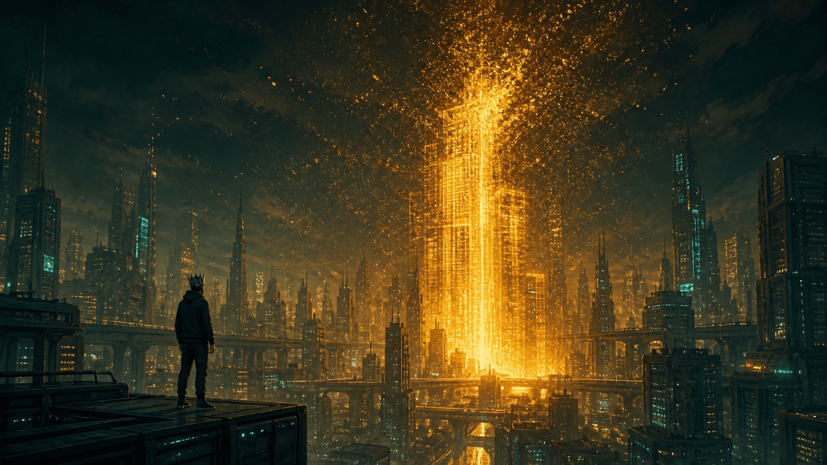 A golden city of code at night, its tallest tower dissolving into rising embers while a hooded figure watches