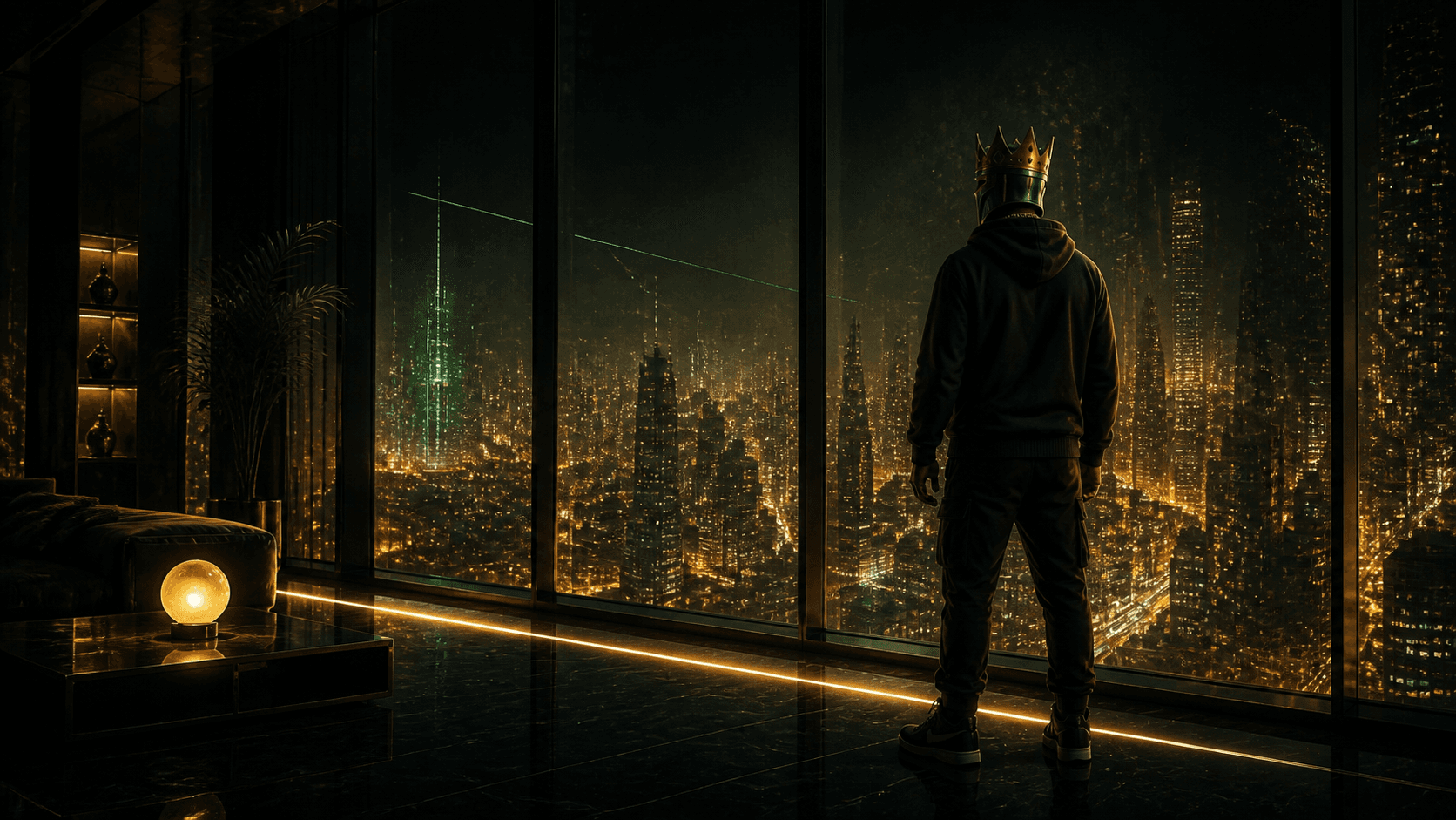 A lone figure at a dark high-rise window above the Las Vegas Strip at night